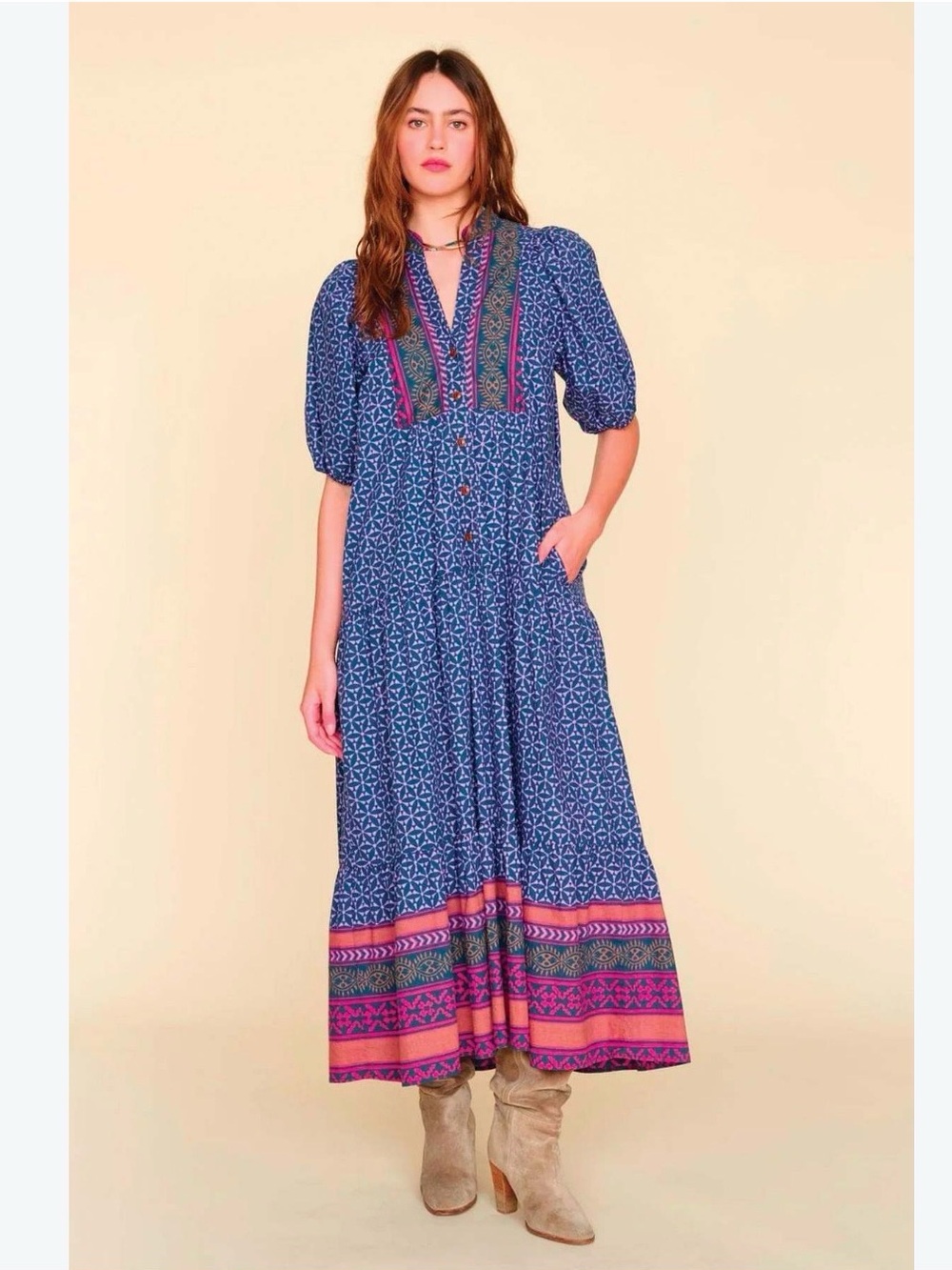 XiRENA Blue Maxi Dress with Pink Border Trim